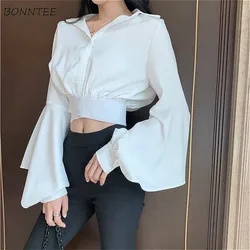 Blouses Women Pure Fashion Ins Casual Design Summer Soft Solid Daily V-Neck Flare Sleeve Cropped 2021 Newest Clothes Aesthetic