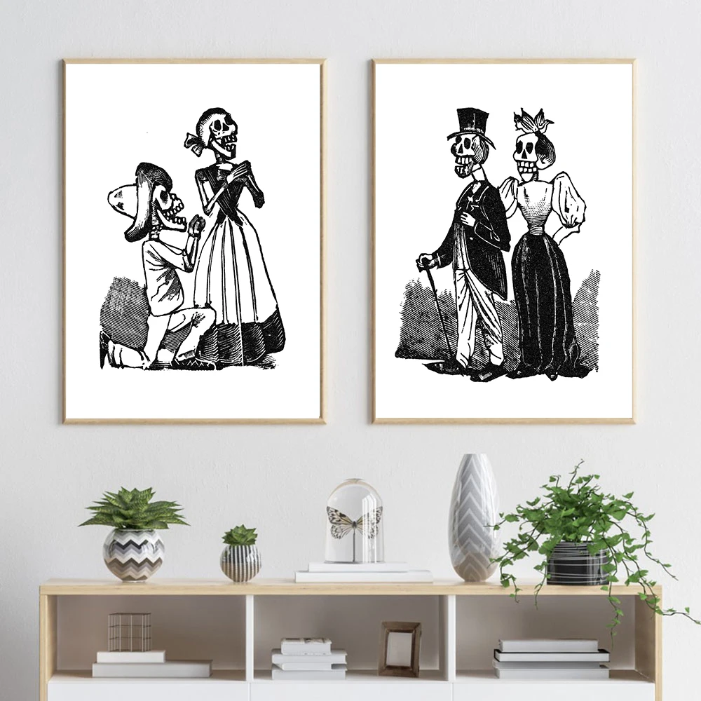 Abstract Skeleton Poster Marriage Proposal and Marriage Painting Canvas Wall Art Picture Black and White Love Prints Home Decor