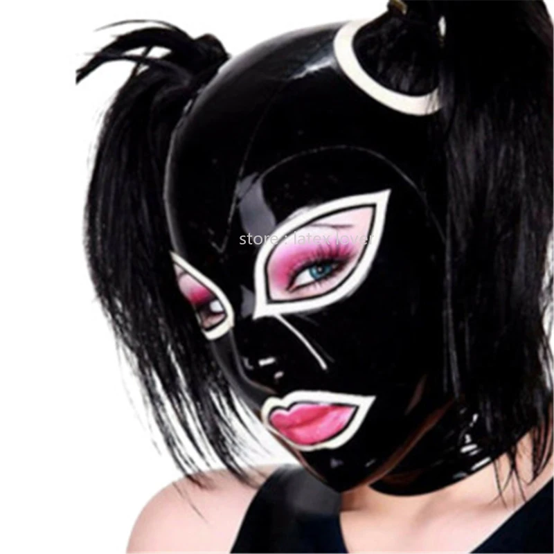 

Sexy Exotic Latex Hood Mask with Open Big Eyes Back Zip Fetish Hood Mask with Hair Holes for Face Women Cosplay Costumes