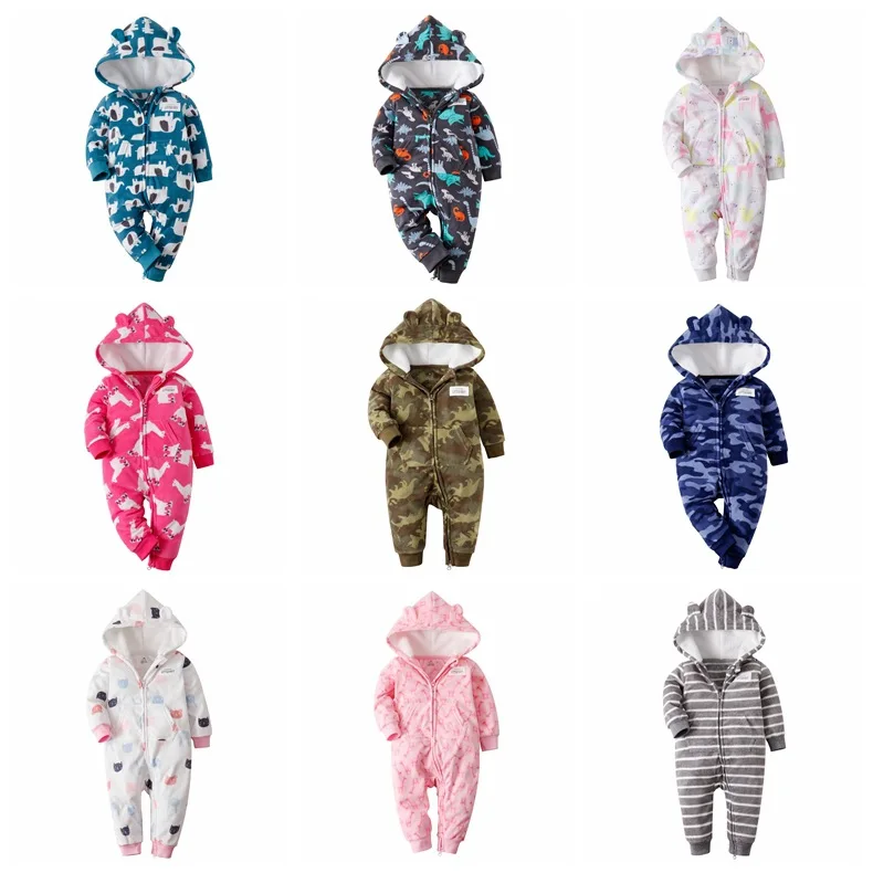 Double Zipper Baby Romper Polar Fleece Hooded Pajamas For Children Long-sleeved One-piece Climbing Baby Clothes Kids Jumpsuit