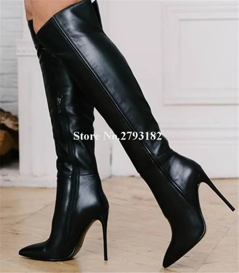 

Women Elegant Pointed Toe Knee High Stiletto Heel Knee High Boots Black Matte Leather Thin Heel Long Boots Club Dress Shoes