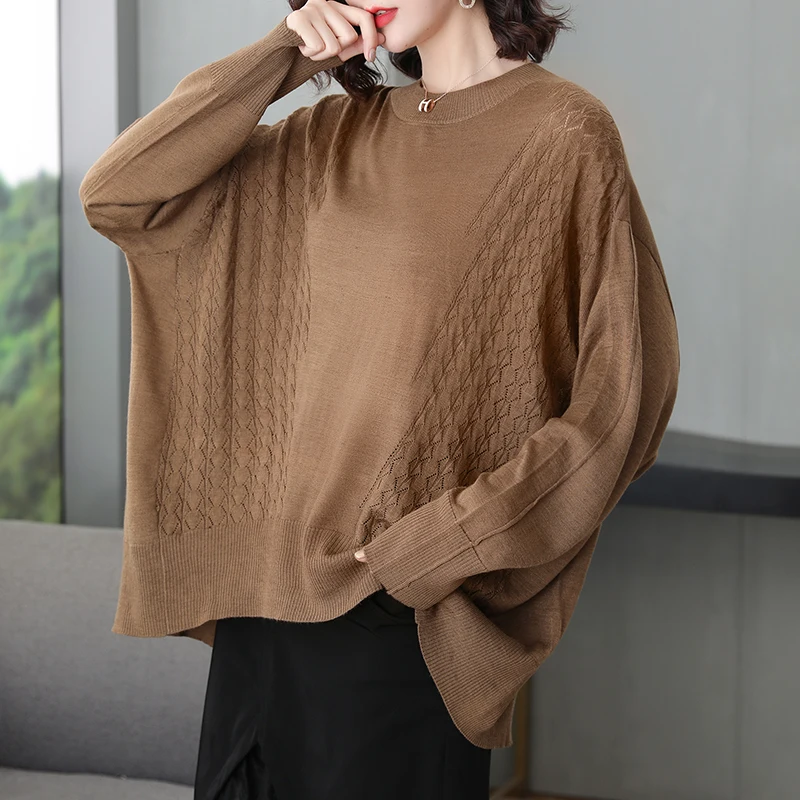 

Women Batwing Sleeve Loose Blouse Spring Oversize Knitwear Elegant Ladies Extra Large Hollow Tops Long Sleeve Knit Shirts