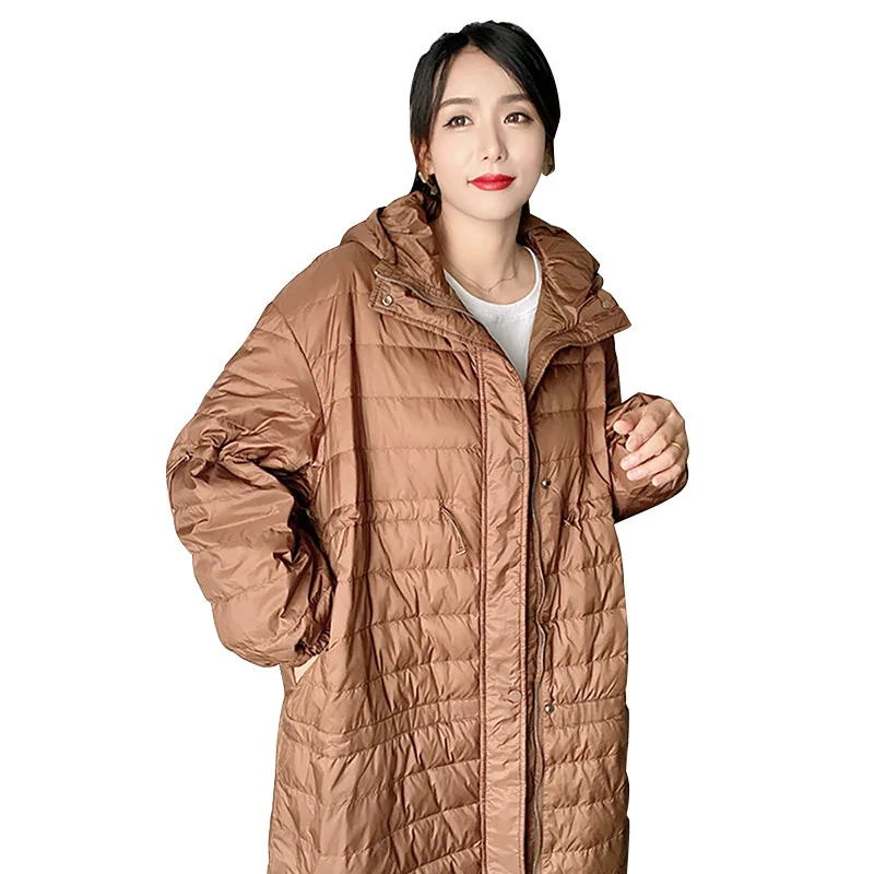 Women down jacket long loose white duck down 120kg large size fat lady hooded light 2021 new pregnant mother women\'s warm coat