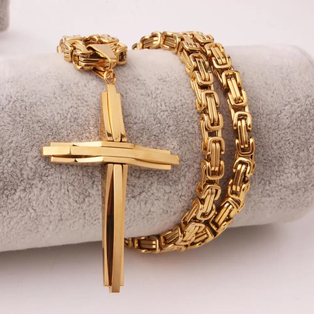 Cool Cross Gold Color Necklaces Men Women Pendant Stainless Steel With 5MM Byzantine Chain Christian Crucifix Jewelry