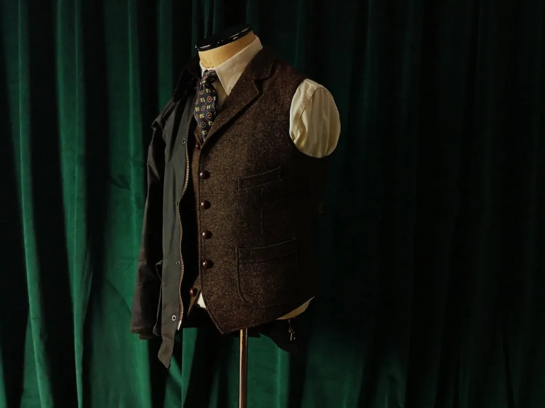 Men\'s Blazer Vest Brown Tweed Suit Sleeveless Jacket Victorian Waistcoat Groom\'s Tight Wedding Dress Vintage Clothes School