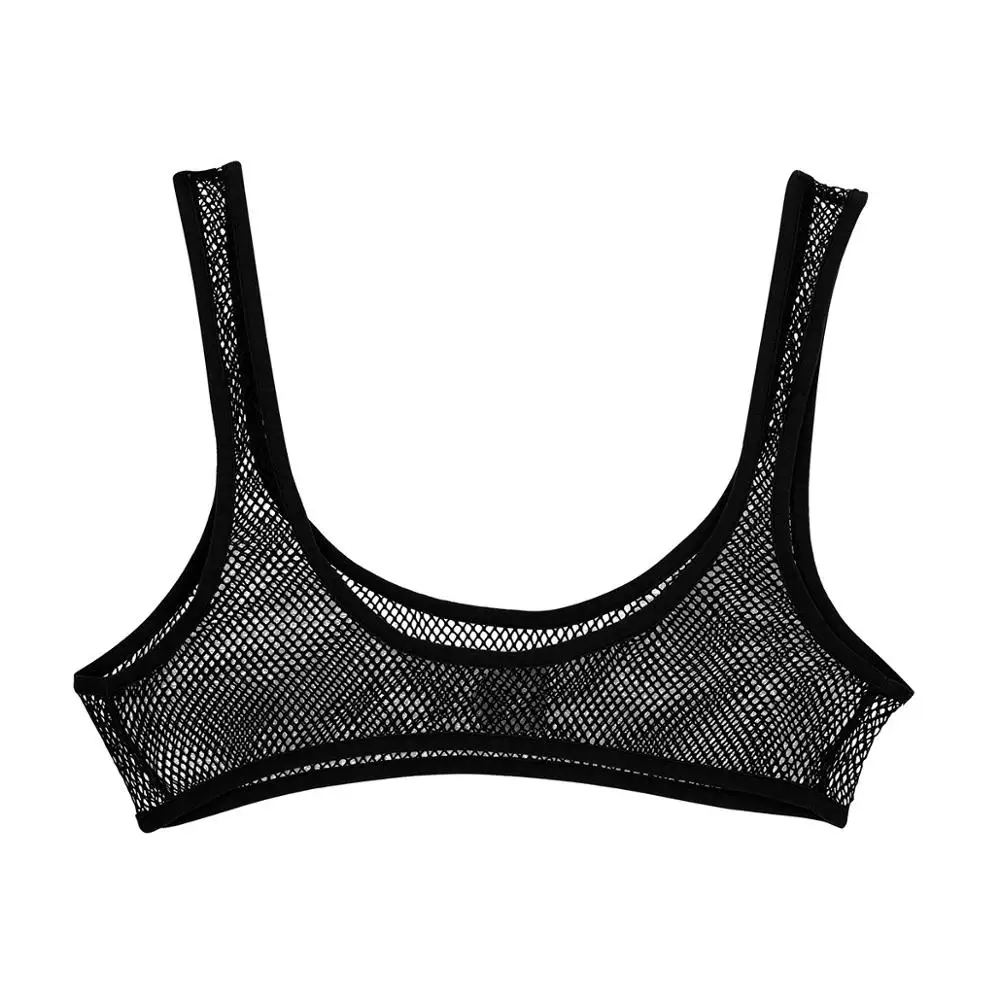 Women Fishnet Cropped Tank Top Lingerie See Through Fishnet Hollow Out Wide Shoulder Straps Deep U-neckline Vest Crop Bra Top