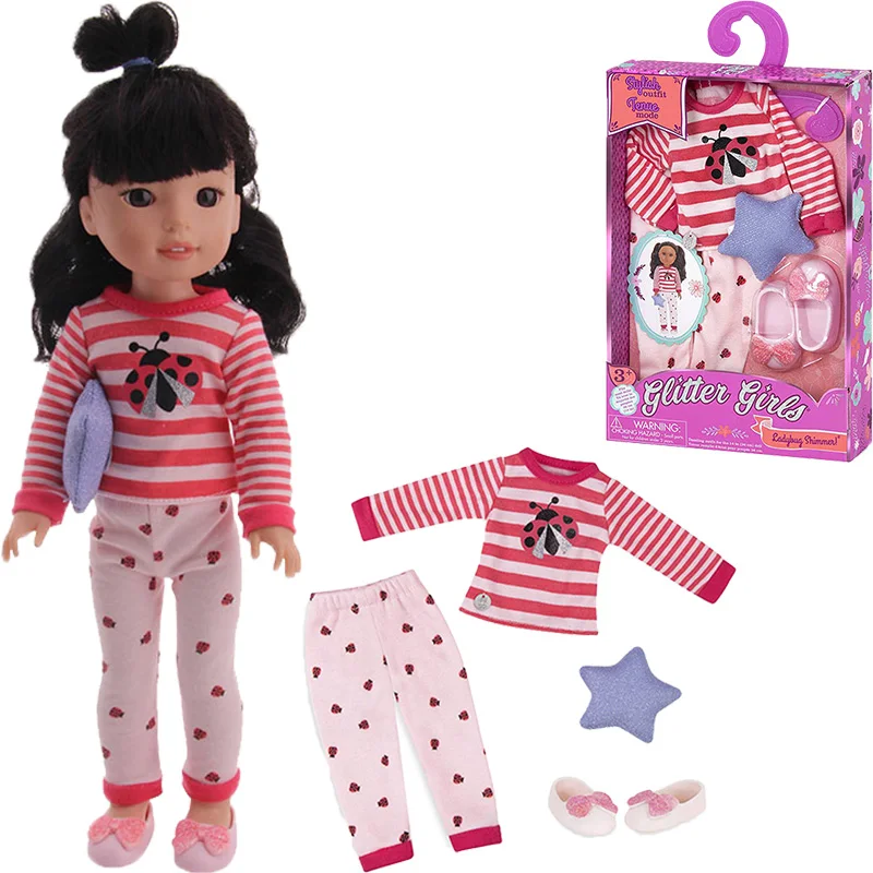 Doll Accessories Including (1Set Of Ladybug Pattern Pajamas+1Pair Of Shoes+ Star Pillow) Fit 14.5Inch/36cm Doll For Kids