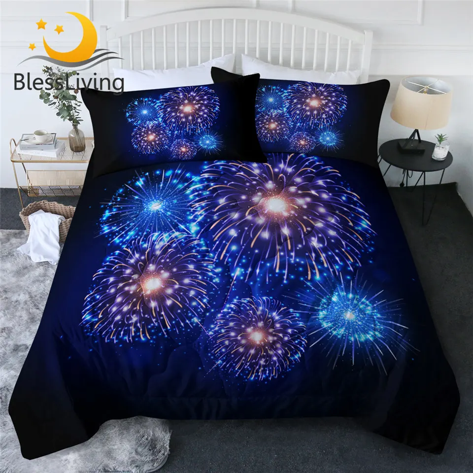 

BlessLiving Firework Quilt Set Queen Size Blue and Gold Comforter Cover Festival Colorful Bedclothes Cozy Bedlinen Set 3-Piece