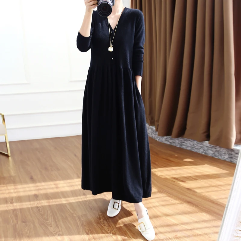 2021 Autumn And Winter New V-Neck100% Wool  dress female Temperament Long Paragraph OverThe Knee Big Dress Long Girl Clothes