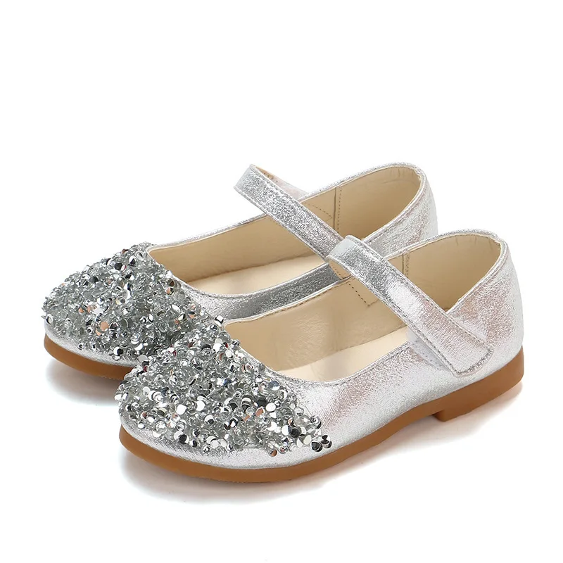 JGVIKOTO Mary Janes Girls Shoes With Rhinestone Fashion Princess Sweet Antiskid Soft Children\'s Flats Kids Glitter Party Shoes