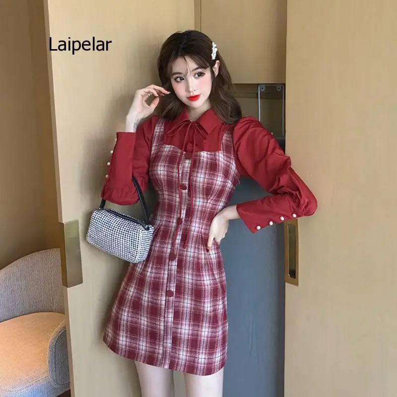 Retro Red Check New Year's Dress Autumn and Winter New Korean Long Sleeve Stitching Fake Two Piece Waist Closing Women Dress