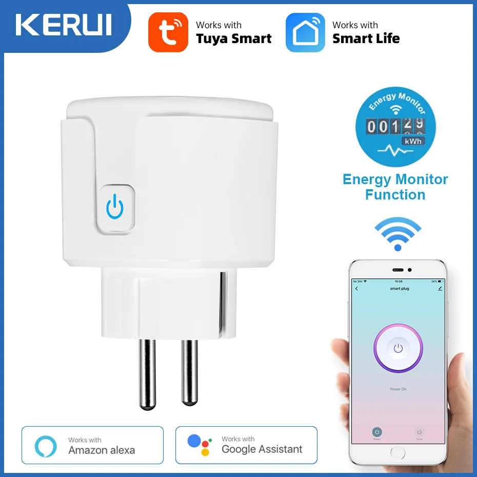 KERUI-Tuya Tomada Inteligente, Adaptador de Tomada UE, Tomada de Controle de Voz Remoto, Trabalhar com Alexa, Assistente do Google, WiFi, 16A