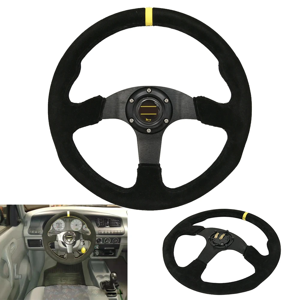 

SPCOOC Car Drift 14 inch Steering Wheel Suede Racing Steering Wheel Sports Flat Auto Steering Wheel Black PCD 70MM 6 Holes