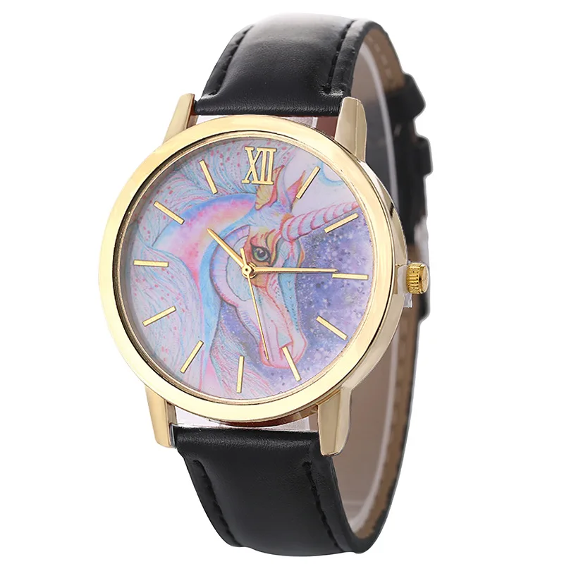 

UTHAI CQ108 New Style Casual Ladies Belt Quartz Watch Fashion Color Horse Unicorn Pattern Student Watch