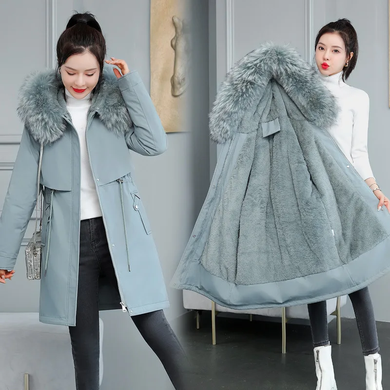 

Nice Pop Winter Cotton Coat Women Fur Collar Mid-Length Zipper Hooded Parkas Women Warm Outwear Thicken Jacket Female LD2327