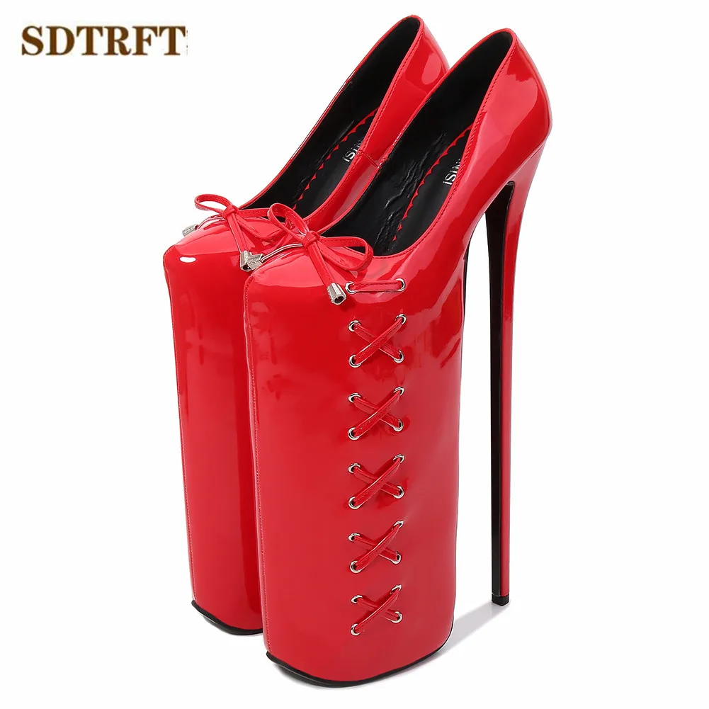 

SDTRFT Lolita Bowtie Uniform Stilettos platforms 30cm Ultra High Thin heels shoes woman Crossdresser wedding pumps US4-13 14 15