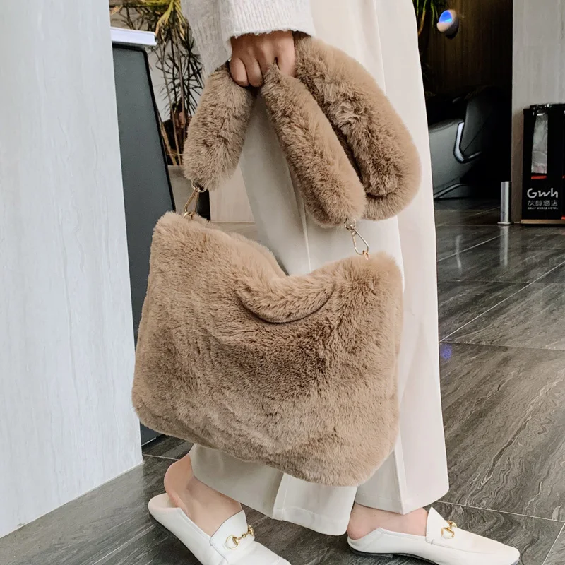 2024 Winter Soft Fur Hobo Handbag Designer Women\'s Plush Shoulder Bags Crossbody Bag Women Large Capacity Tote Purse Lady Sac