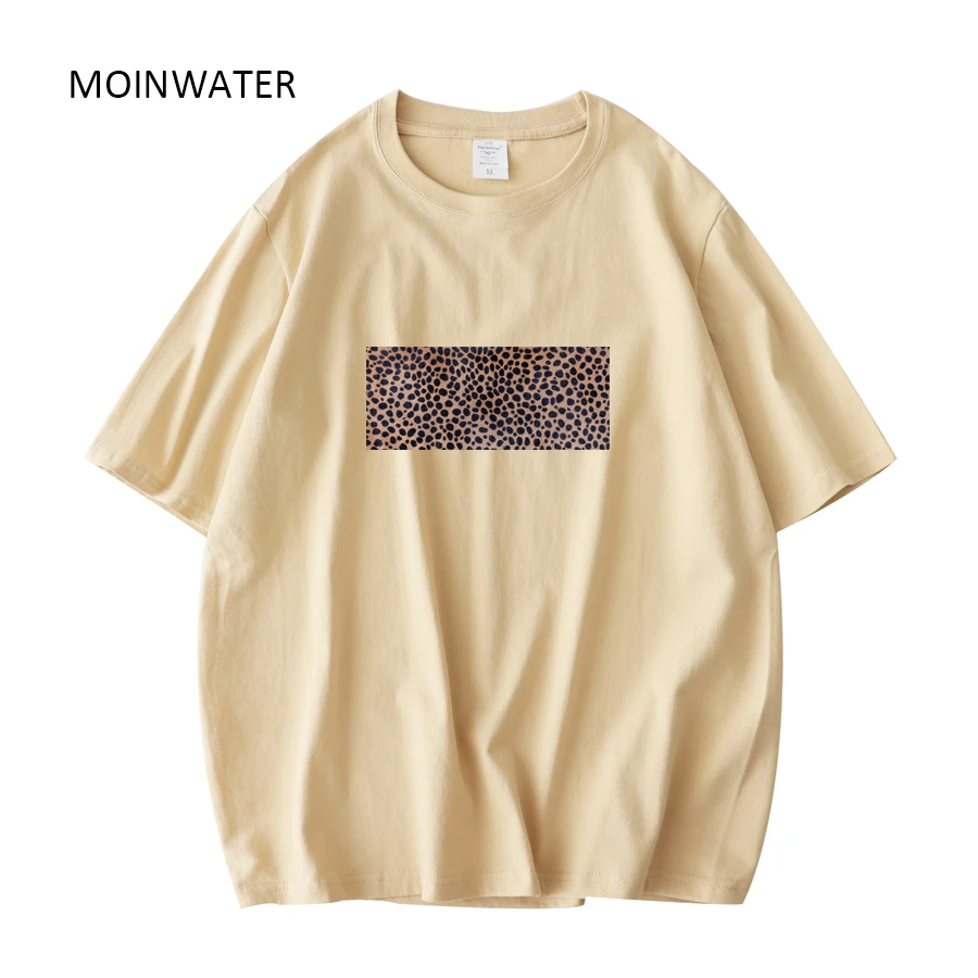 MOINWATER Women New Leopard Pattern Tees Female Khaki Short Sleeve Summer Tops Lady Green Cotton T-shirts MT21032