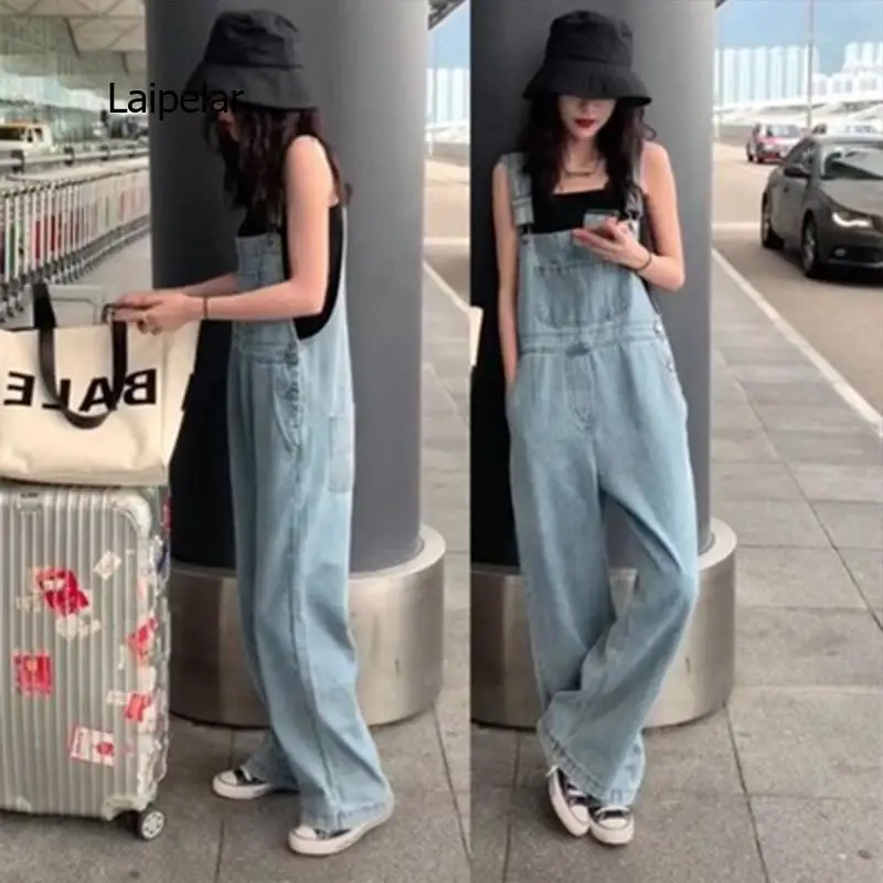 

Harajuku Wide Leg Women's Jeans Loose Woman Overalls Jeans Jumpsuit Autumn Fashion Blue Rompers Female Jeans