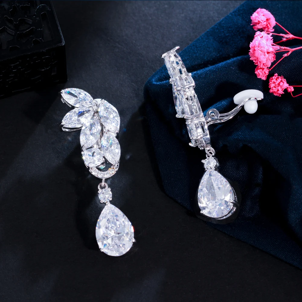 CWWZircons High Quality CZ Crystal Women Wedding Party Jewelry Big Long Water Drop Clip On Non Pierced Earrings With Clips CZ113