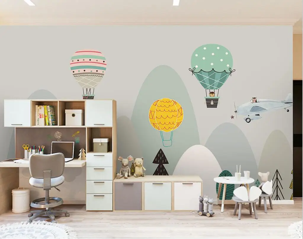 Custom Nordic Hot air balloon mountain range Cartoon airplane TV background wall children's room papel de parede 3d wallpaper