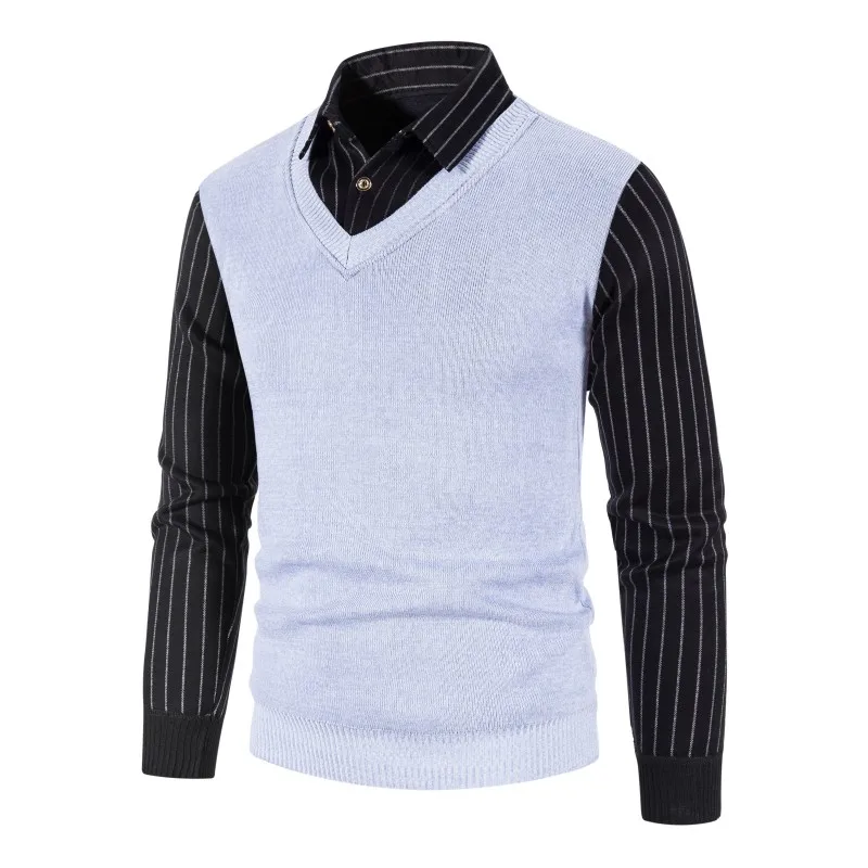 Autumn Twinset Sweaters For Men Outwear Casual Pullovers Striped Shirts  Male Winter Slim Fit Sweaters Patchwork Sweatercoats