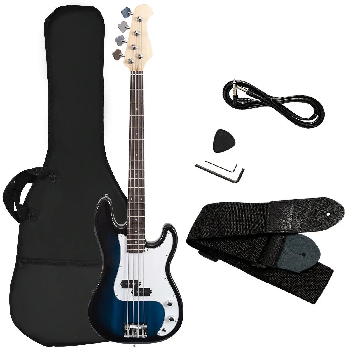 Electric Bass Guitar Full Size 4 String w/ Bag Strap Guitar Pick Amp Cord Blue  GF33898LS