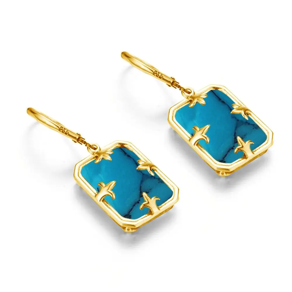 Szjinao Authentic 925 Sterling Silver Turquoise Earrings For Women Rectangular Massive 13*18mm Stones Unique Woman Jewelry Trend