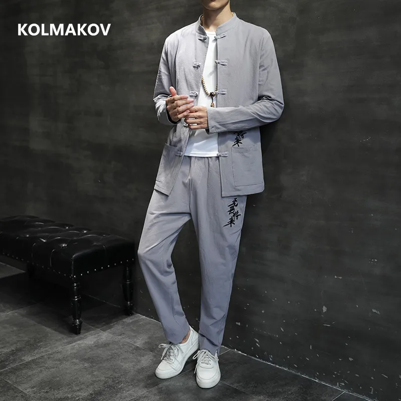 

(jacket + trousers) 2022 spring men jacket Man Cotton and linen jackets long sleeve men's casual jacket men full size M to 5XL