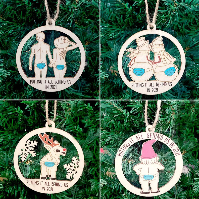 2021 Merry Christmas Decoration Wood Pendant File Putting It All Behind Us Ornament Ornament Snowman Couple Facial Masks On Butt