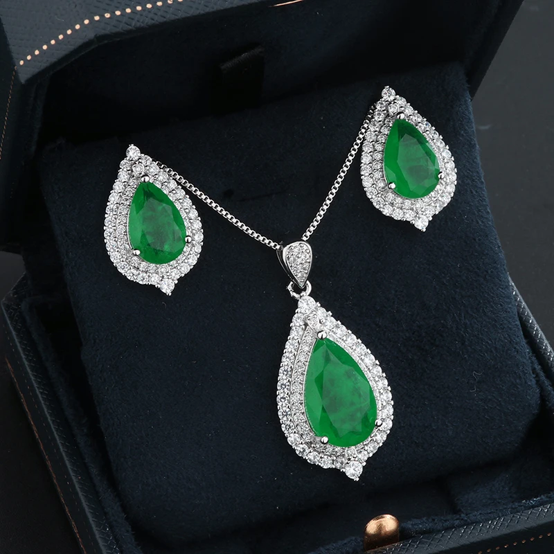 FFGems Vintage Silver Earrings Necklace SET Emerald green color stone white cold simple New 2020 for women girl Gift Wholesale