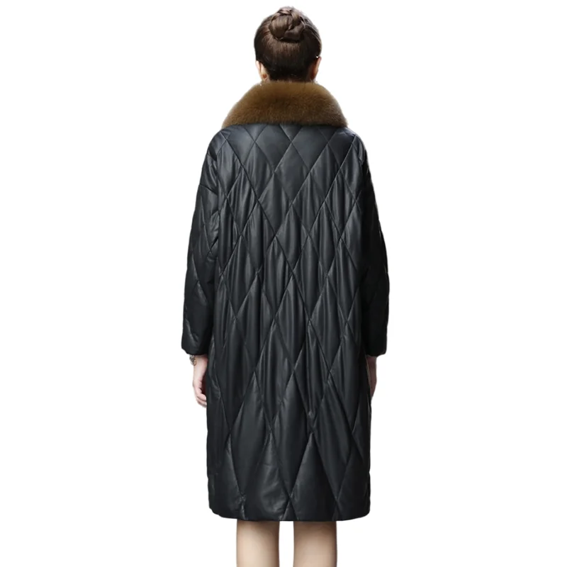 Leather Down Jacket for Women, Medium Length, Loose, Large Sheepskin Coat, Fox Fur Collar, Warm Outerwear, Winter