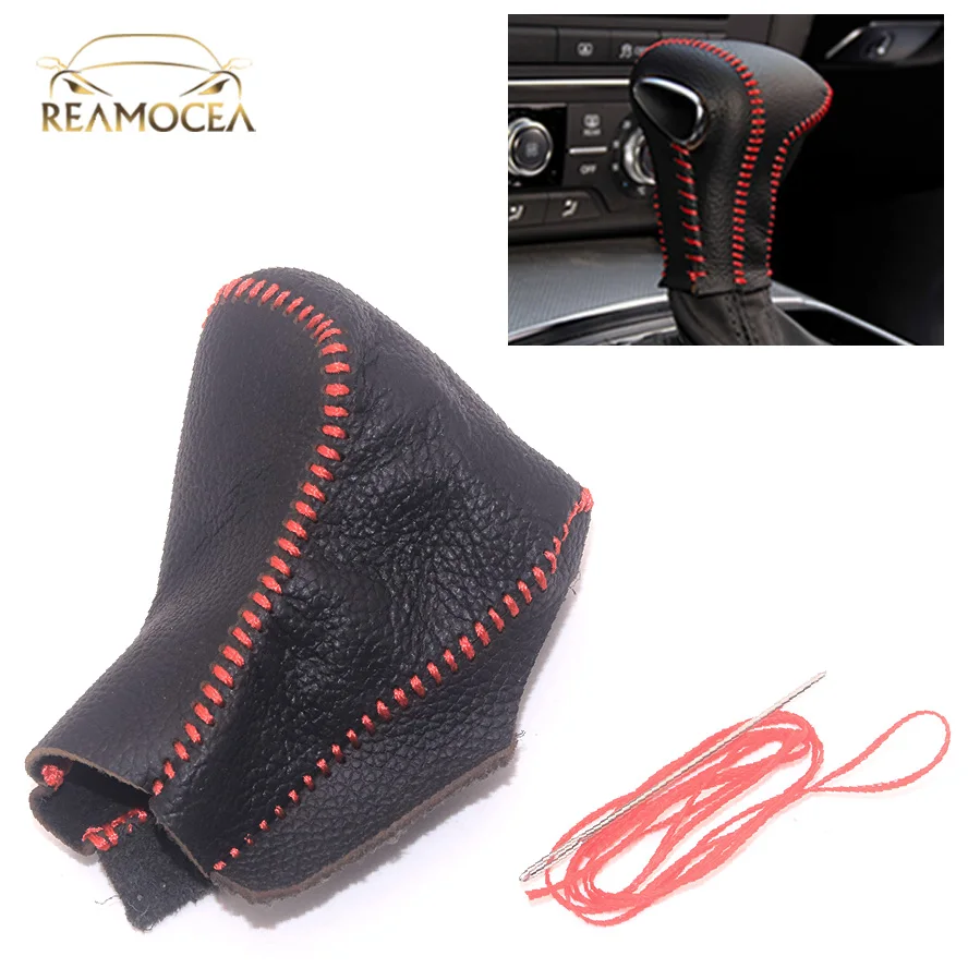 

Reamocea Car Gear Shift Knob Cover Case Collars Genuine Leather With Red String Fit for Audi Q7 Q5 A5 A4 A7 2012 2013 2014