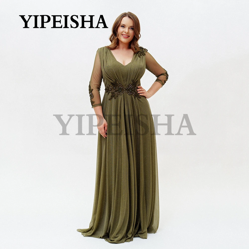 

Big Size A-Line Evening Dresses V-Neck Three Quarter Sleeve Beading Lace Overaized Party Gown vestidos de fiesta robes soirée