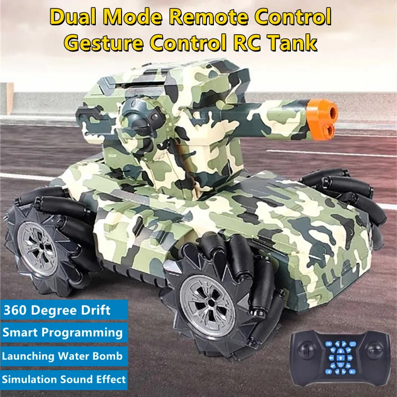 Multifunctional RC Tank Dual Mode Remote Control Gesture Control Launching Water Bombs 360 Degree Drift Remote Control Tank Toy