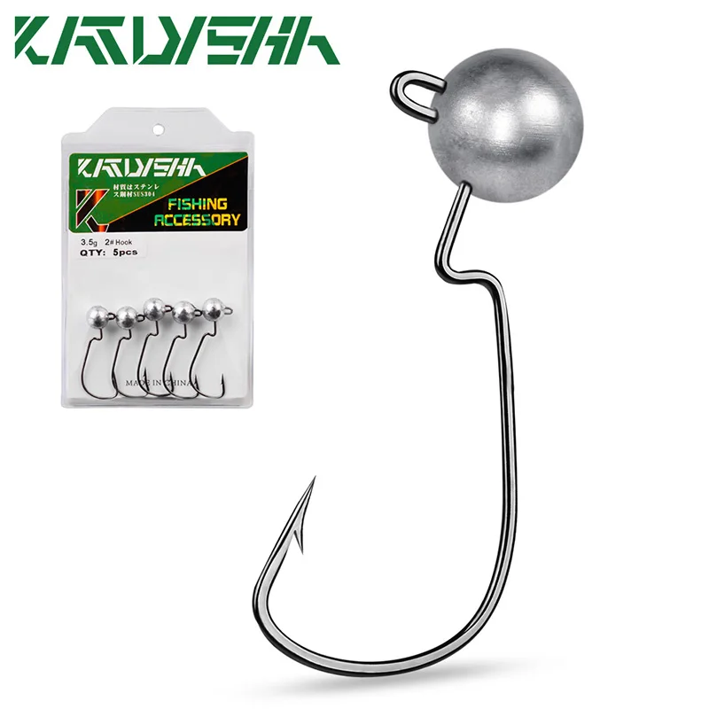 

KATYUSHA 5Pcs Wide Crank Offset Fishing Hooks 3.5-5-7-10g High-Carbon Steel Fishhooks Jig Head Barbed Hooks for Soft Worm Bait