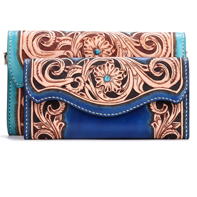 Handmade Wallets Original Design Carving Flower Purses Women Long Clutch Vegetable Tanned Leather Wallet