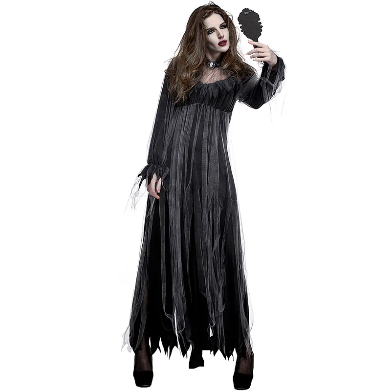 Preto horror fantasma morto cadáver zumbi traje longo vestido de noiva feminino adulto halloween assustador fantasias cosplay