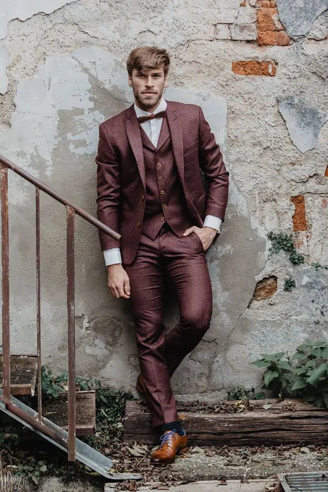 (Jacket+Pants+Vest) Autumn Men Suit  Wedding Burgundy Tweed 3 Piece Slim Fit Tuxudos Clothing Formal Evening Party Custom Made