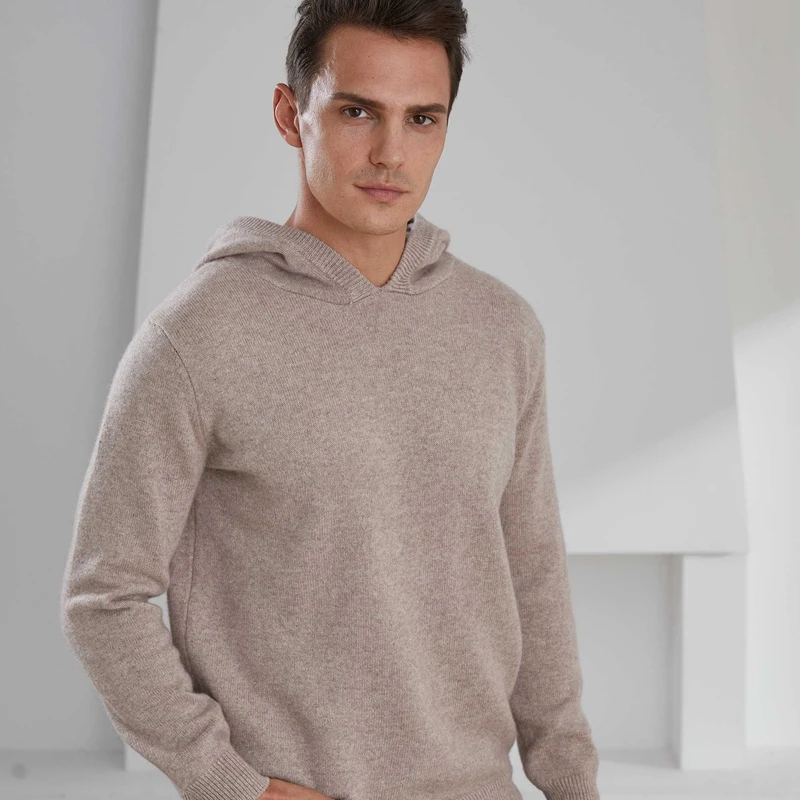 Men's Long Sleeve Goat Cashmere Knitted Pullovers with Hat, Thick Warm Sweaters, Male Jumpers, Top Grade, Winter, New