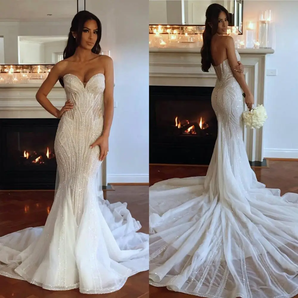 Sparkly Mermaid Wedding Dresses Sexy Sweetheart Sequins Sleeveless Bridal Gowns Sweep Train Backless Wedding Dress vestidos de