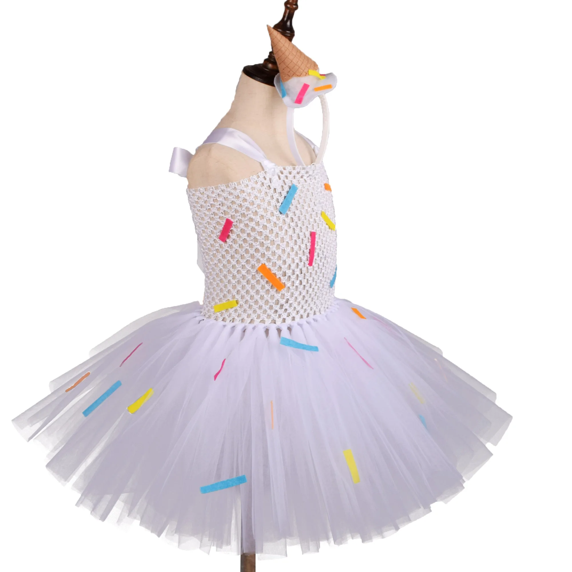 White Candy Dount Tutu Dress for Girls Birthday Party Costume Kids Dance School Performance Halloween Costume with Headband set