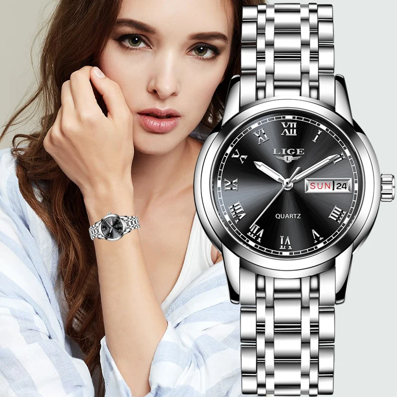 LIGE Elegant Fashion Woman Watch Luxury Stainless Steel Calendar Casual Sport Waterproof Ladies Bracelet Quartz Watch for Women