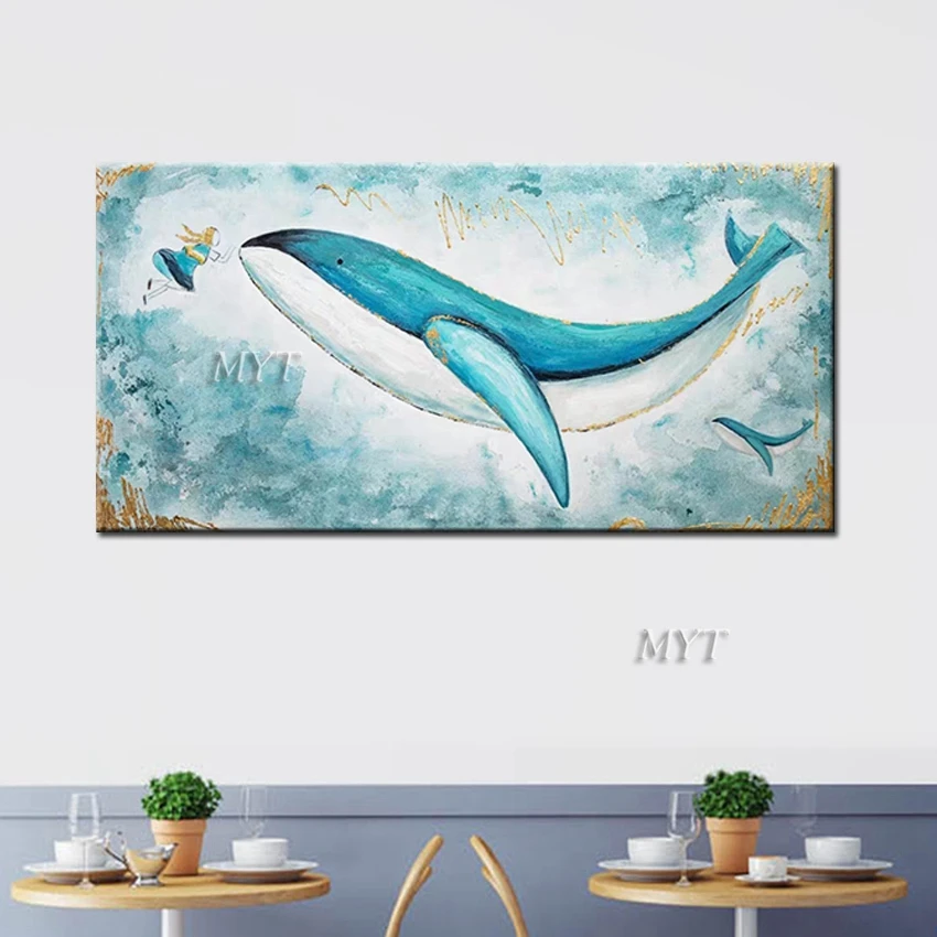 Communication Between Man And The Blue Whale Abstract Oil Painting Wall Art Home Decor Picture Modern On Canva 100% Handpainted