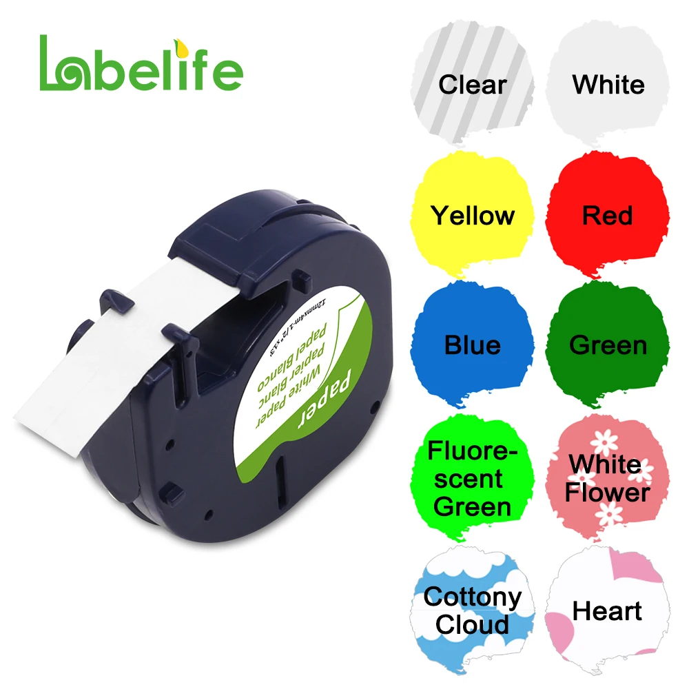 Labelife 91201 Compatible 12mm*4m Black on White Dymo Letratag Plastic Tape LT91331 LT91201 12267 18769 18771 for LT-100H LT-100