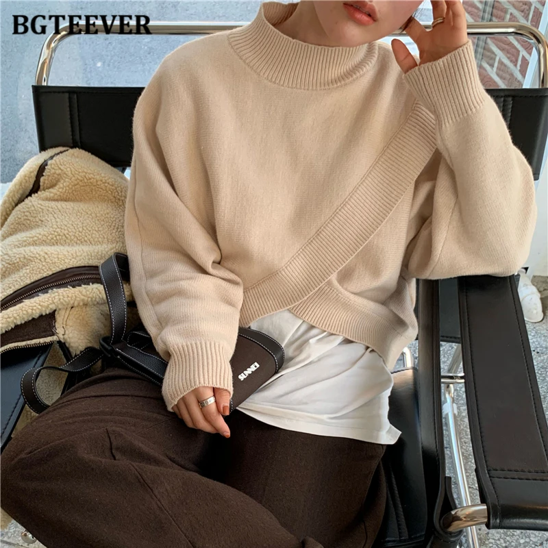 BGTEEVER Fashion Half-turtleneck Women Sweater Jumpers 2020 Autumn Winter Knitwear Cross Split Loose Female Knitted Pullovers