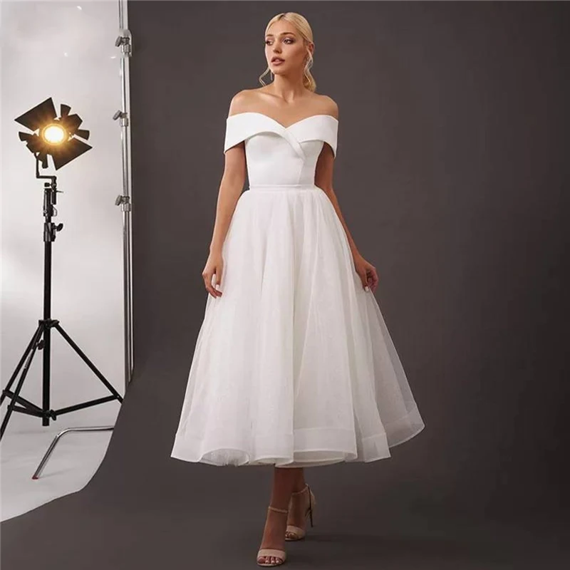 

Simple Wedding Dresses Short 2025 Custom Made A-Line Tea Length Off the Shoulder Bride Gown Robe De Mariée Vestidos