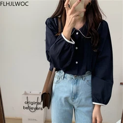 2021 Hot Sales Cute Sweet Tops Women Japan Korea Chic Style Design Solid Peter Pan Collar Single Breasted Button Shirts Blouses