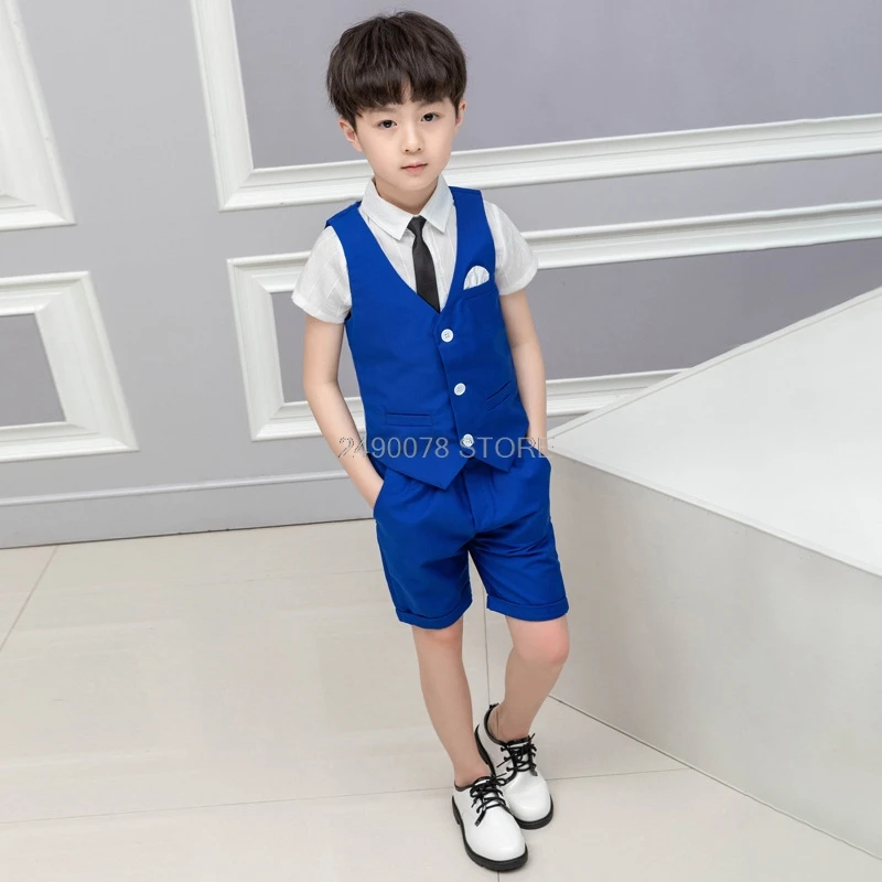 Kids Boys Summer Vest+Shorts 2PCS Clothing Set Gentleman Wedding Dress Children Plaid Party Formal Wear Suit F130