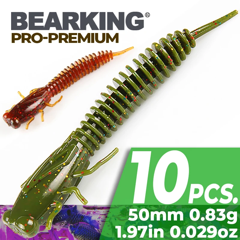 BEARKING-Soft Silicone Fishing Lure, Artificial Bait, Bass Tackle Jigs, Freshwater Worms, Wobblers, 50mm, 0.83g, 10Pcs